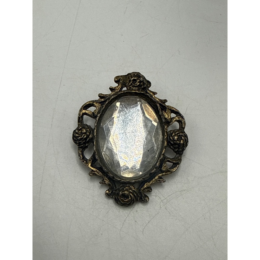 Vintage Brass Tone Rose Filigree Brooch Large Faceted Oval Glass Stone Antique